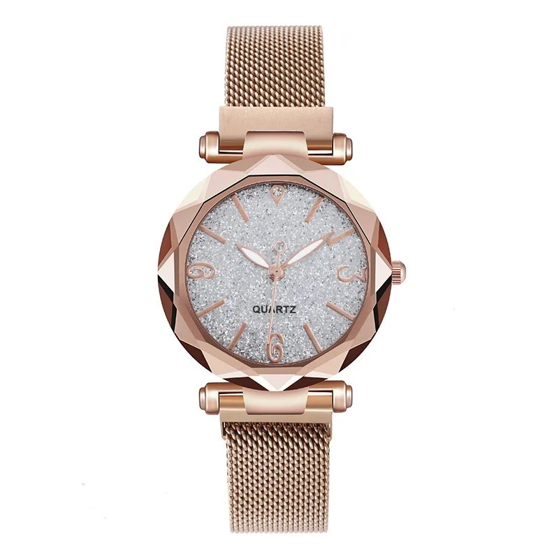 Reloj de pulsera de cuarzo magnético con correa de malla de oro rosa sencillo