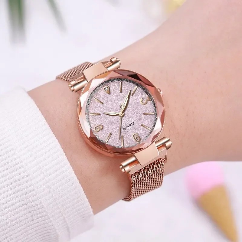 Reloj de pulsera de cuarzo magnético con correa de malla de oro rosa sencillo