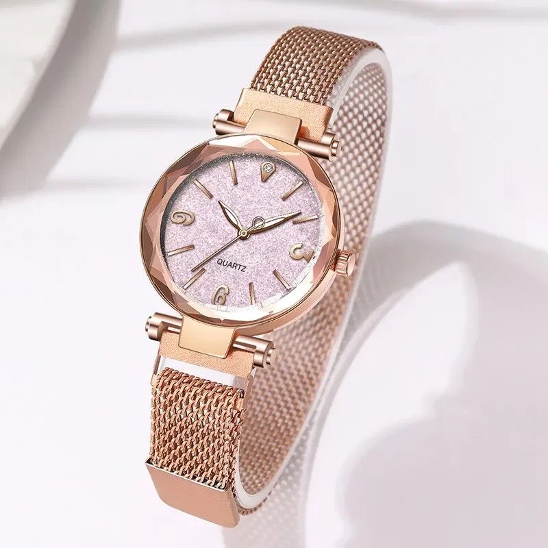 Reloj de pulsera de cuarzo magnético con correa de malla de oro rosa sencillo