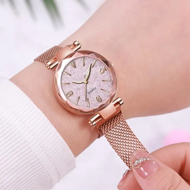 Reloj de pulsera de cuarzo magnético con correa de malla de oro rosa sencillo