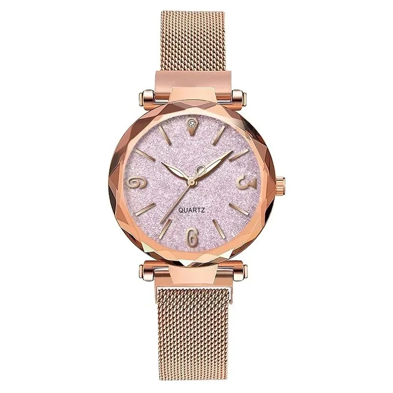Reloj de pulsera de cuarzo magnético con correa de malla de oro rosa sencillo