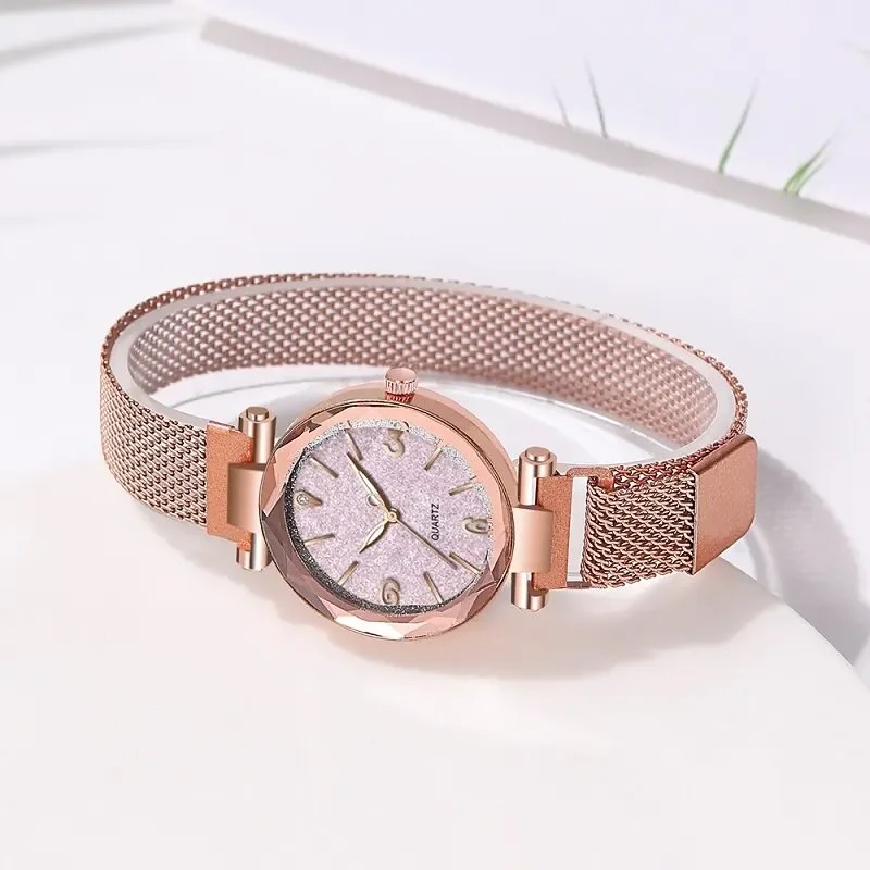 Reloj de pulsera de cuarzo magnético con correa de malla de oro rosa sencillo