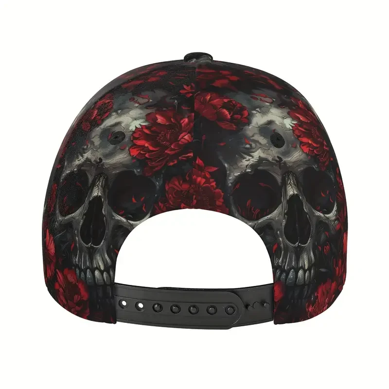 Gorra de béisbol con estampado de esqueleto sobre flores rojas