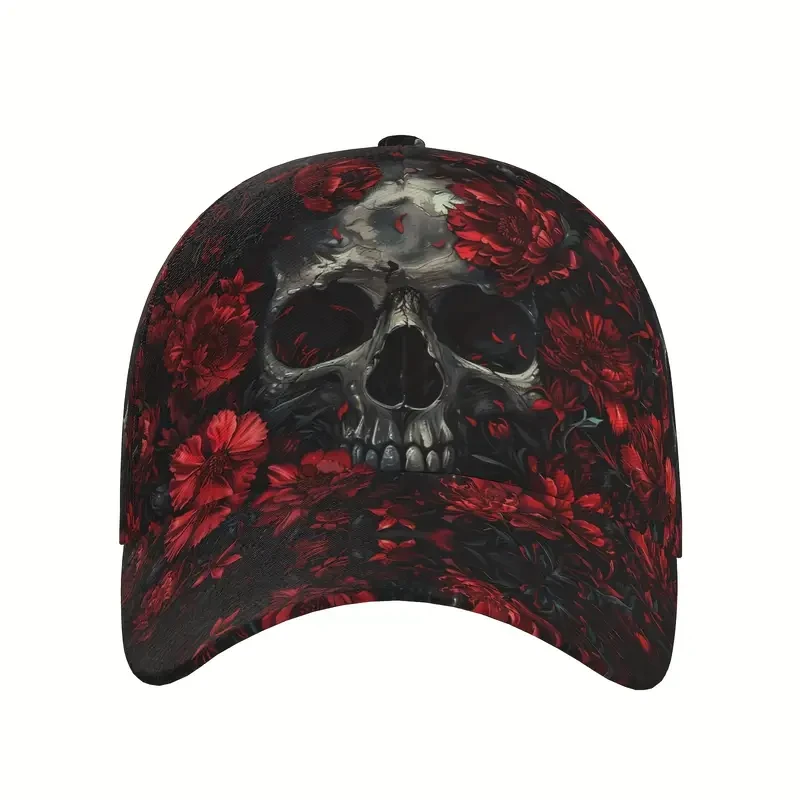 Gorra de béisbol con estampado de esqueleto sobre flores rojas