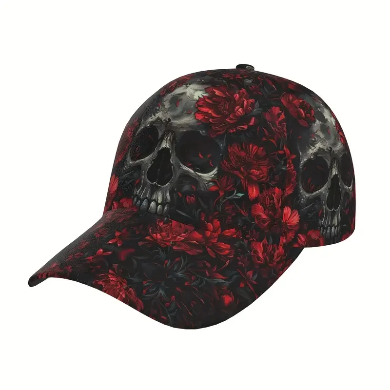 Gorra de béisbol con estampado de esqueleto sobre flores rojas
