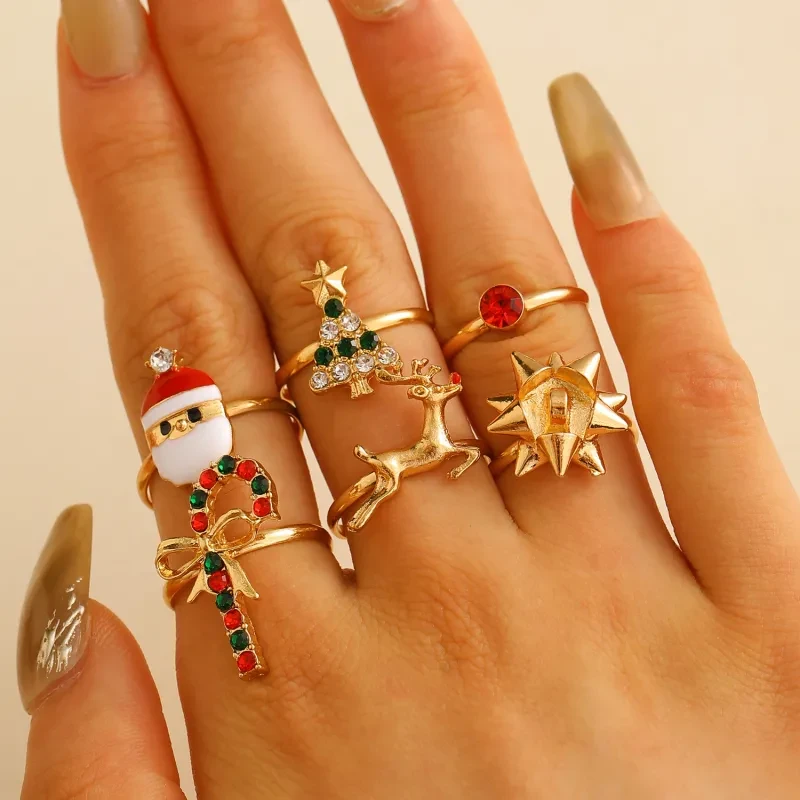 6 anillos de Papá Noel con forma de alce para árbol de Navidad, bonitos dibujos animados, abiertos y ajustables, con forma de gota de aceite.