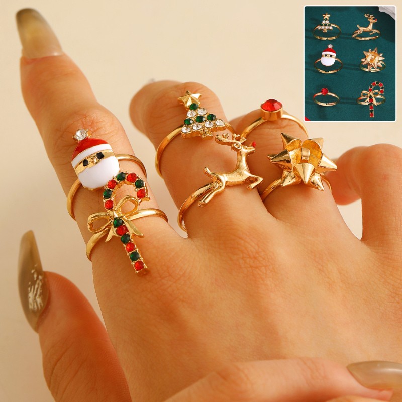 6 anillos de Papá Noel con forma de alce para árbol de Navidad, bonitos dibujos animados, abiertos y ajustables, con forma de gota de aceite.