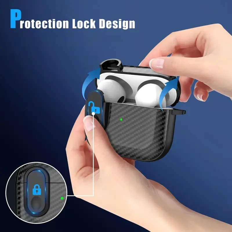 Estuche rígido de fibra de carbono negro para AirPods Pro/1/2/3, funda protectora de TPU con cierre, impermeable, resistente a arañazos, diseño ligero, incluye kit de limpieza y cordón.