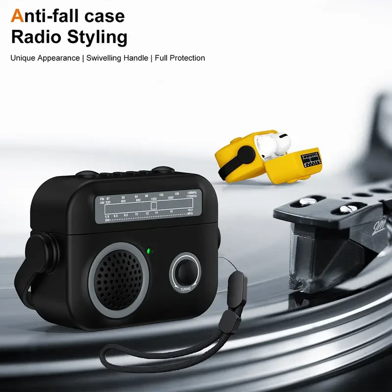 Funda con diseño de radio retro creativo para Airpods 4, 3, Pro, 2 y Pro2 de Apple. Funda protectora anticaídas con cierre seguro para Airpods 1 y 2, soporte de pie, funda amortiguadora con cordón y kit de limpieza, ideal para parejas.
