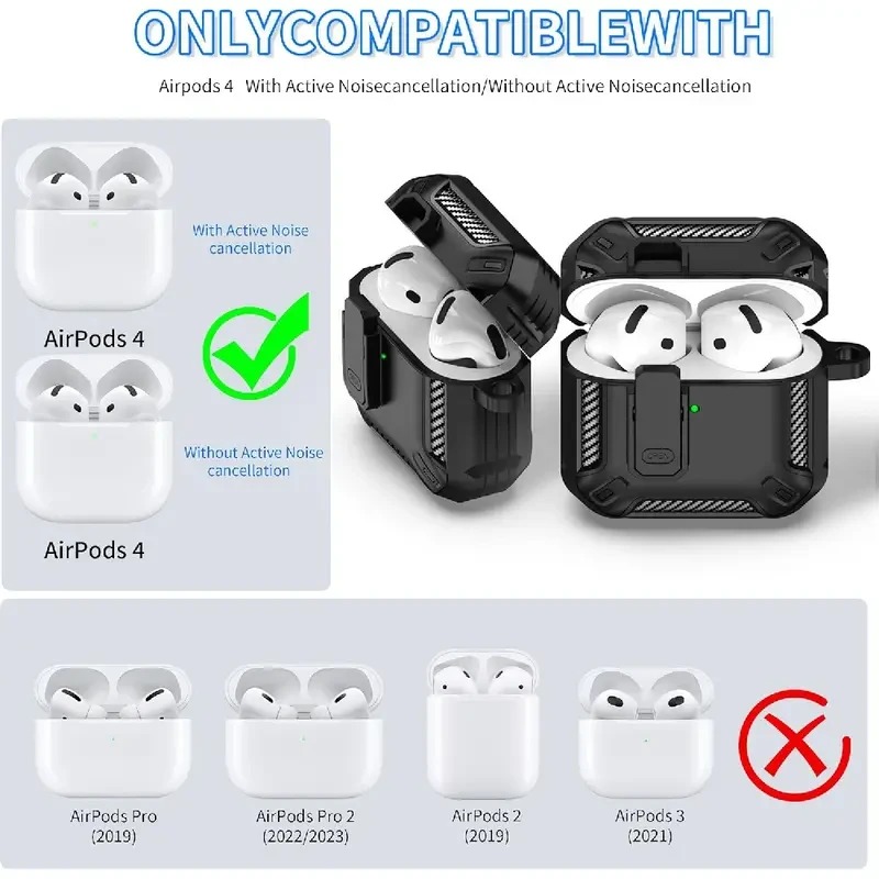Funda rígida para Airpods 4 con cerradura, resistente a golpes y arañazos, color negro, con kit de limpieza.