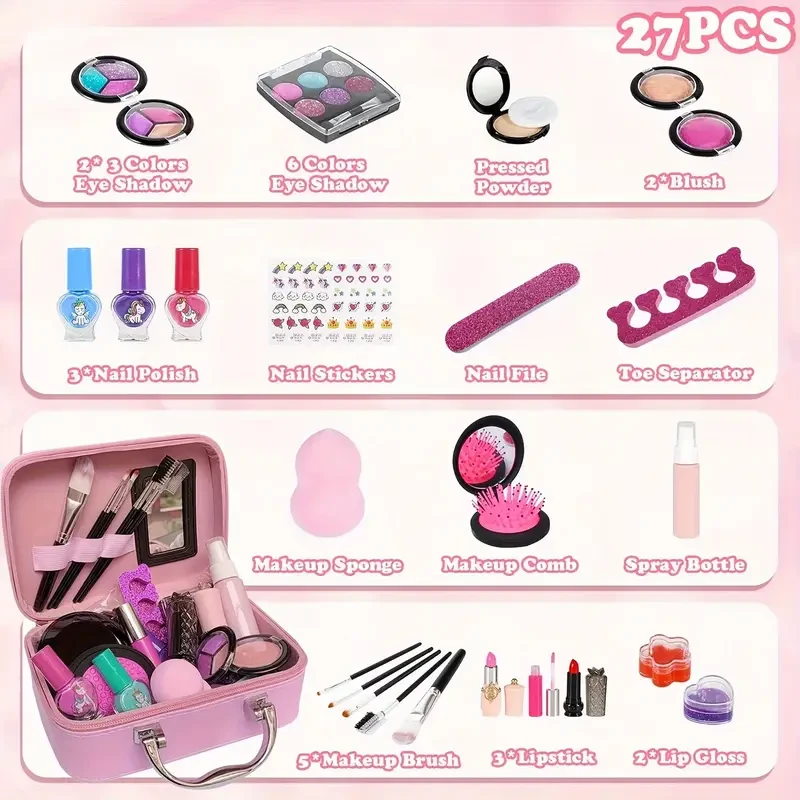 Kit de maquillaje de princesa unicornio para niñas - Maleta de lujo con cosméticos reales, espejo, pinceles y accesorios - Regalo perfecto para cumpleaños, Halloween y Navidad - Tonos rosas, artículos de unicornio para niñas, tela Oxford y terciopelo sóli