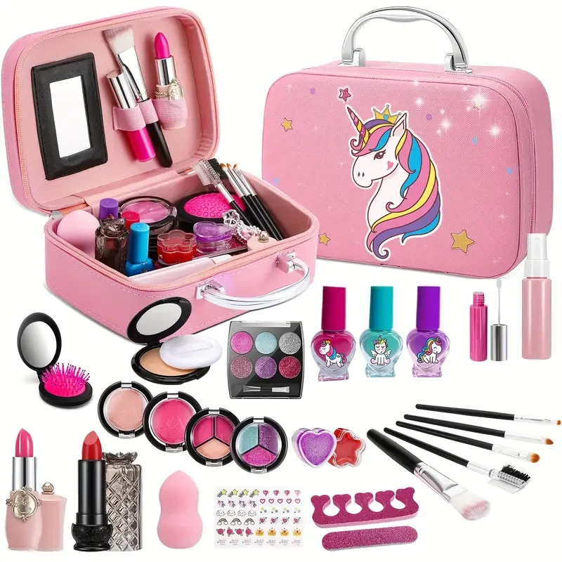 Kit de maquillaje de princesa unicornio para niñas - Maleta de lujo con cosméticos reales, espejo, pinceles y accesorios - Regalo perfecto para cumpleaños, Halloween y Navidad - Tonos rosas, artículos de unicornio para niñas, tela Oxford y terciopelo sóli