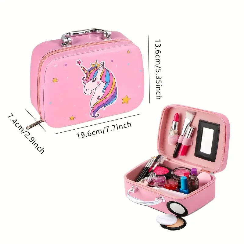 Kit de maquillaje de princesa unicornio para niñas - Maleta de lujo con cosméticos reales, espejo, pinceles y accesorios - Regalo perfecto para cumpleaños, Halloween y Navidad - Tonos rosas, artículos de unicornio para niñas, tela Oxford y terciopelo sóli