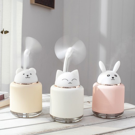 Humidificador ultrasónico de aire para el hogar y la oficina, difusor de aceites esenciales USB de 250 ml con luz LED y diseño de conejo de dibujos animados.