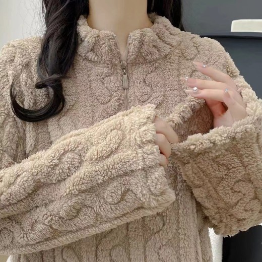 Pijamas de otoño e invierno con cremallera torcida para parejas, forro polar grueso de coral, ropa de dormir para estar en casa
