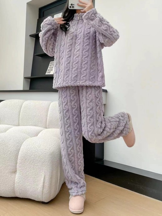 Pijamas de otoño e invierno con cremallera torcida para parejas, forro polar grueso de coral, ropa de dormir para estar en casa