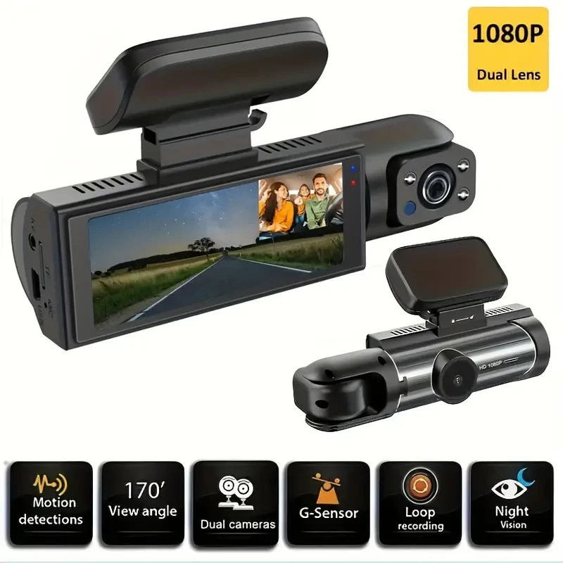 Cámara de salpicadero dual con visión nocturna por infrarrojos, doble canal 1080P frontal e interior, cámara DVR gran angular para coche con pantalla IPS de 8,03 cm, sensor de movimiento 24 horas, modo de aparcamiento, grabación en bucle (sin tarjeta de 3