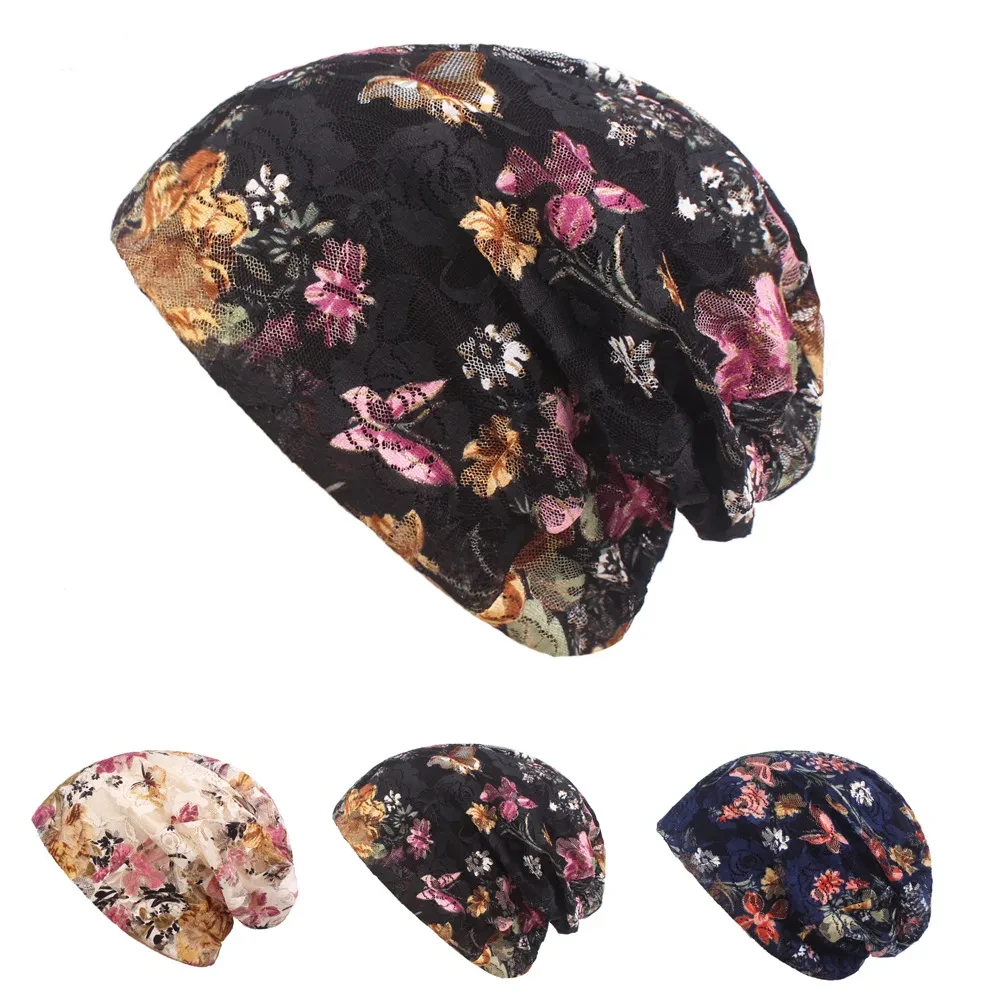 Gorra estilo étnico con puntera de flores para mujer, gorro de encaje para primavera y verano.