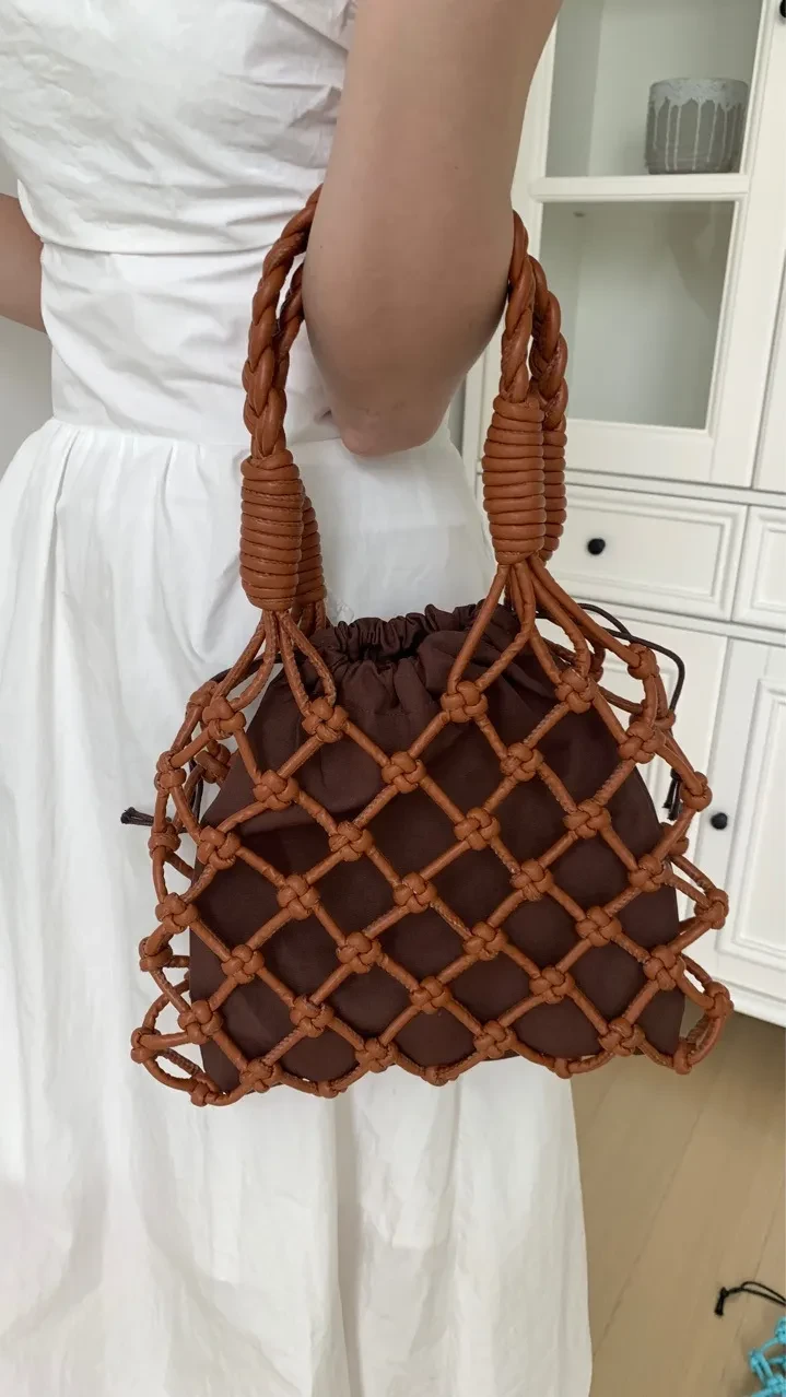 Bolso de hombro portátil hueco tejido a mano de PU, bolso de hombro debajo del brazo