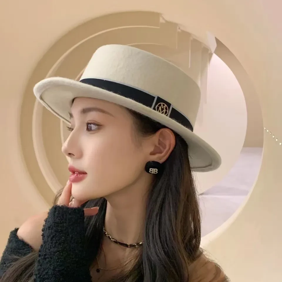 Sombrero de copa plana retro de fieltro para mujer