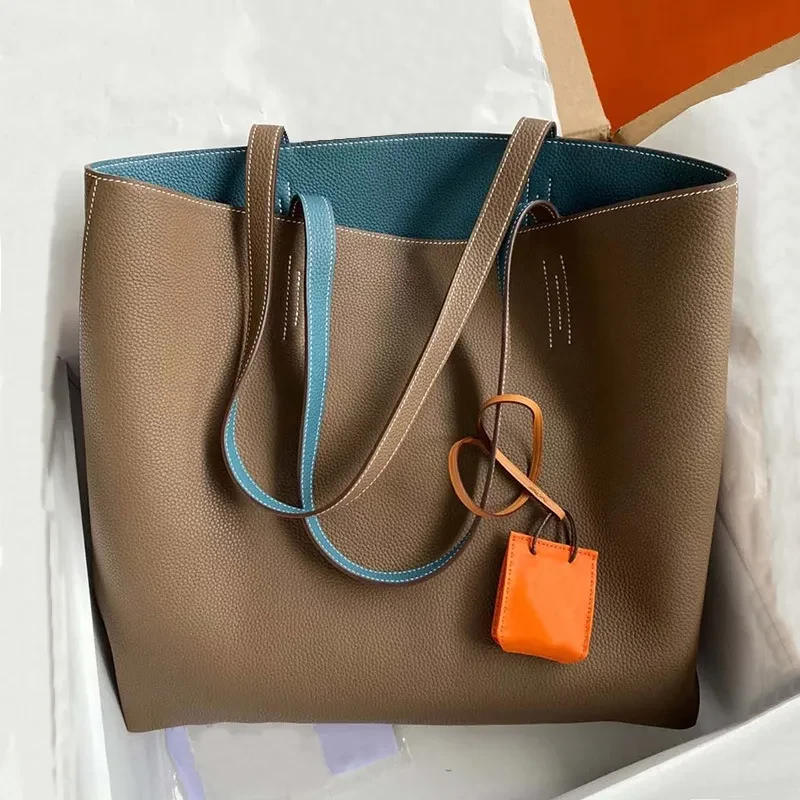 Bolso de mano de piel de vaca con doble capa y gran capacidad