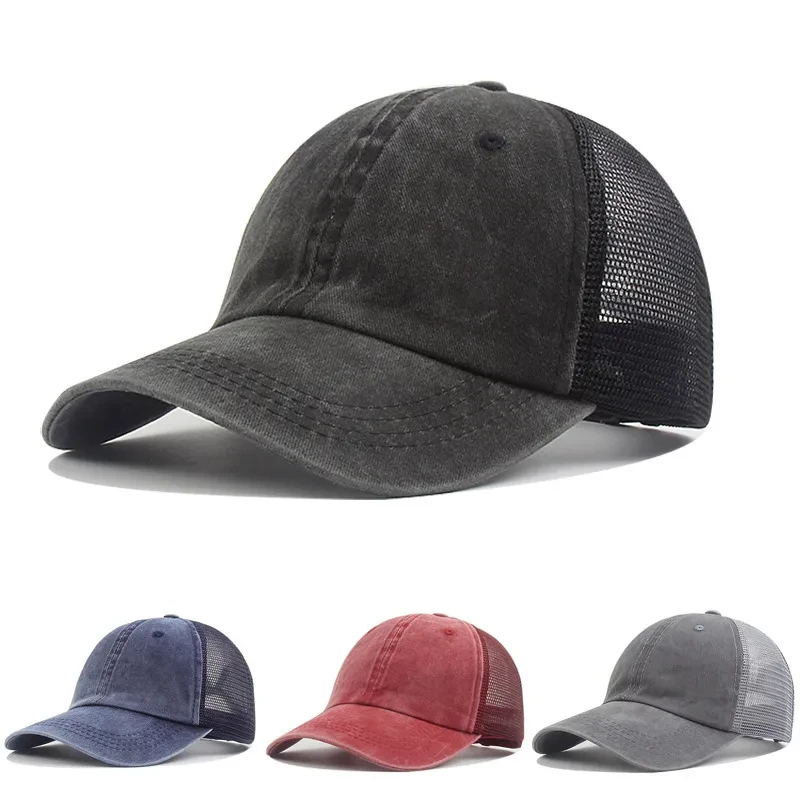 Sombrero de algodón antiguo hecho a medida, sombrero de vaquero de red lavado, gorra con visera curva de cola de caballo