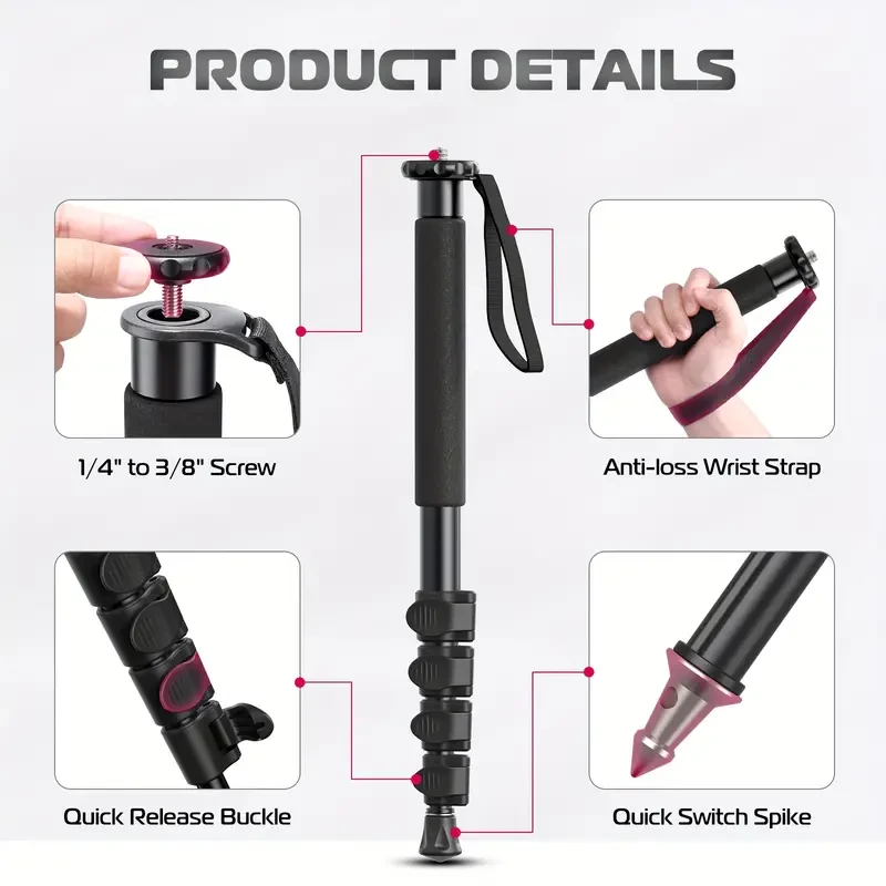 Monopié de aluminio de 61 pulgadas, trípode de fotografía ajustable con cabezal de engranaje, accesorio ligero y portátil para cámaras Canon, Nikon, Sony sin espejo y DSLR, equipo de video profesional.