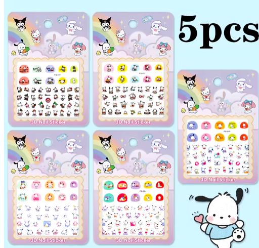 Juego de 5 pegatinas 3D de Hello Kitty para uñas, diseño de Sanrio, Melody y Kuromi, divertidas calcomanías de Anime para decoración de uñas.