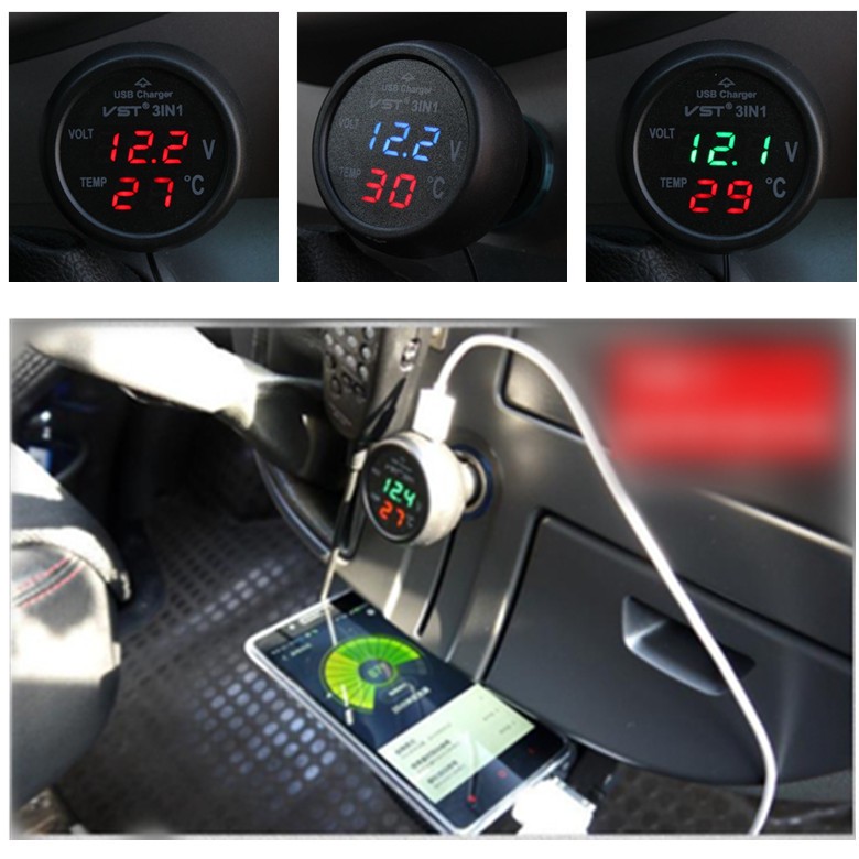 Medidor de voltaje multifuncional para coche, LED, digital, USB