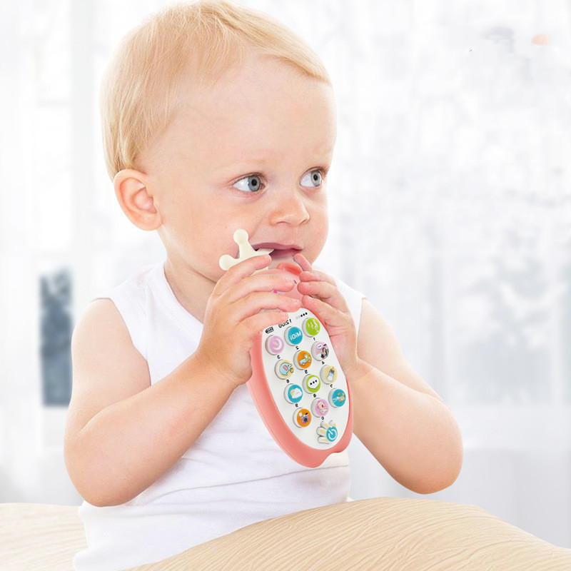 Teléfono móvil con música para iluminar a bebés, juguetes creativos de educación temprana que pueden morder rábanos.