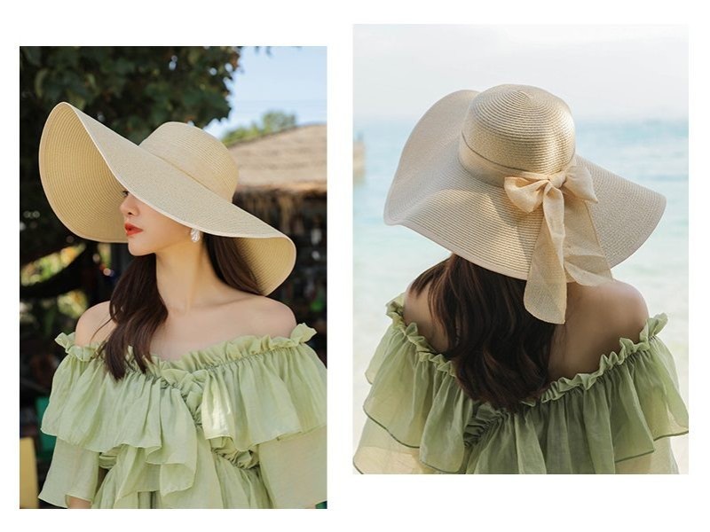 Sombrero de paja beige para mujer, de ala ancha y grande, estilo Derby, para playa y verano