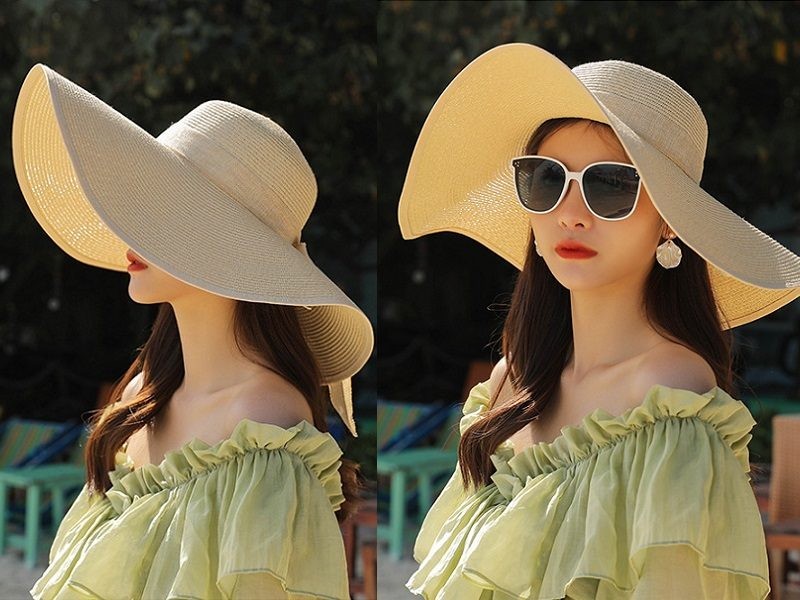 Sombrero de paja beige para mujer, de ala ancha y grande, estilo Derby, para playa y verano