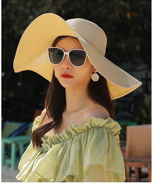 Sombrero de paja beige para mujer, de ala ancha y grande, estilo Derby, para playa y verano