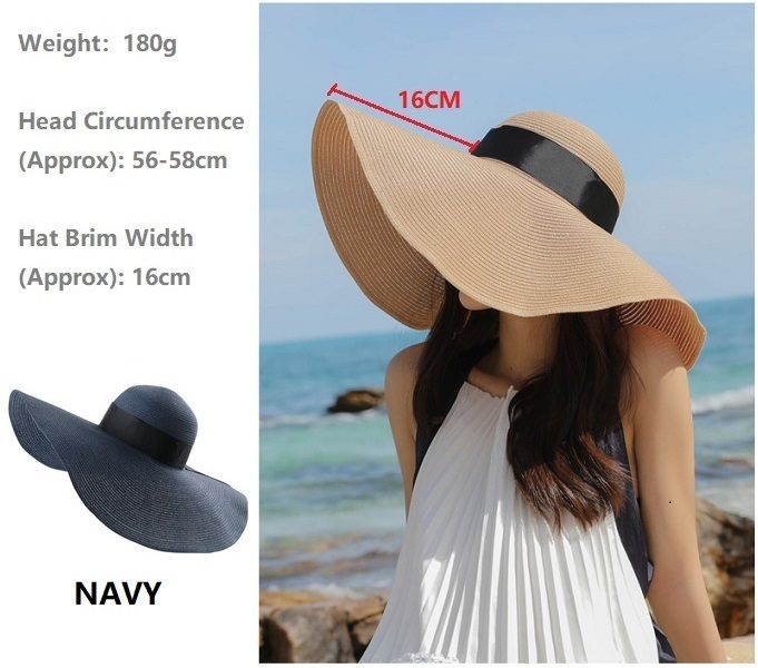 Sombrero de paja para mujer, de ala ancha, color azul marino, 16 cm, estilo Derby, para playa y verano