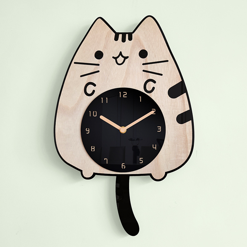 Reloj de madera con dibujos animados para decoración del hogar, sala de estar, gato moviendo la cola