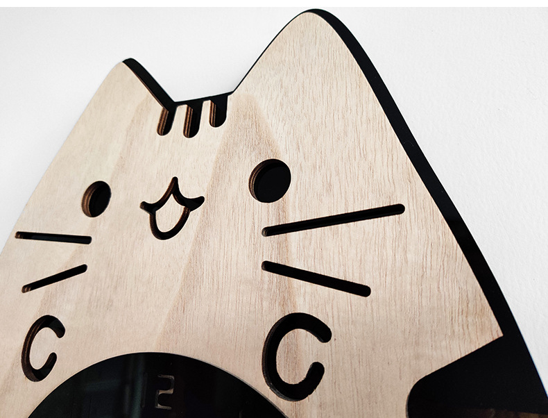 Reloj de madera con dibujos animados para decoración del hogar, sala de estar, gato moviendo la cola