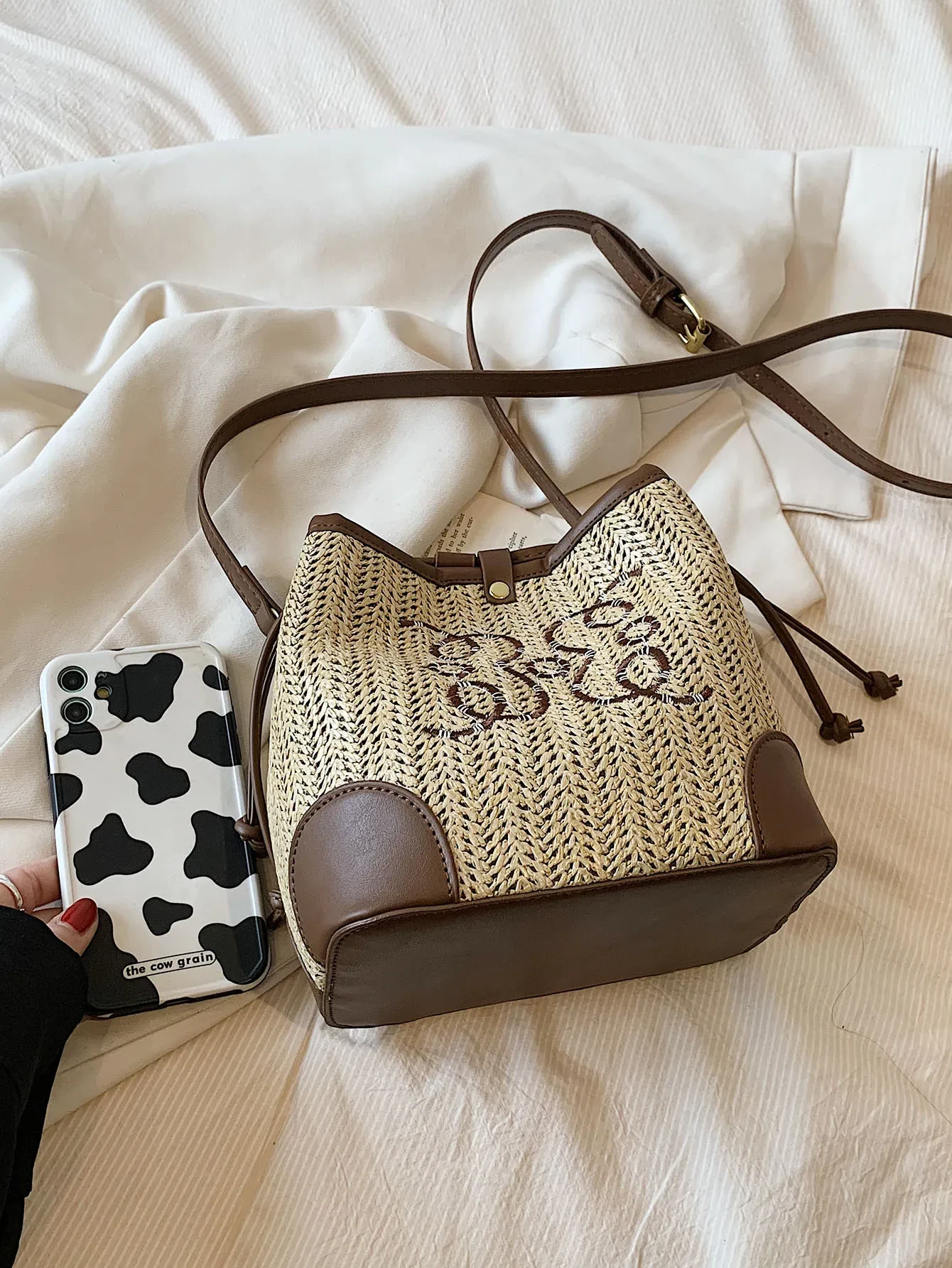 Bolso de playa tejido tipo cubo de paja para mujer