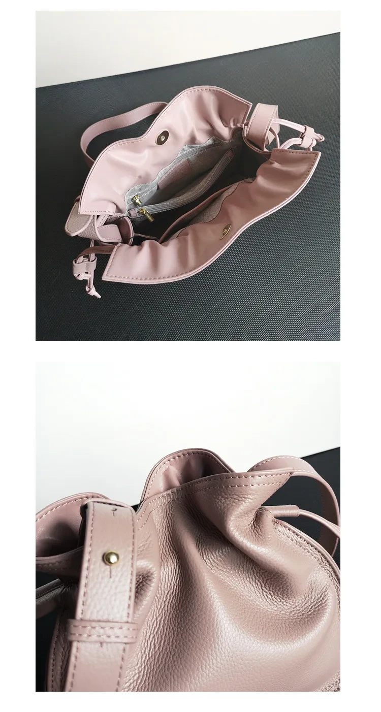 Bolso bandolera de un solo hombro con primera capa de piel de vaca y tirador tipo cubo