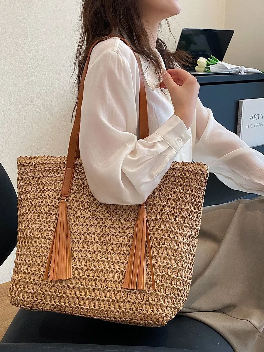 Bolso de hombro de algodón y lino de gran capacidad, hecho a mano