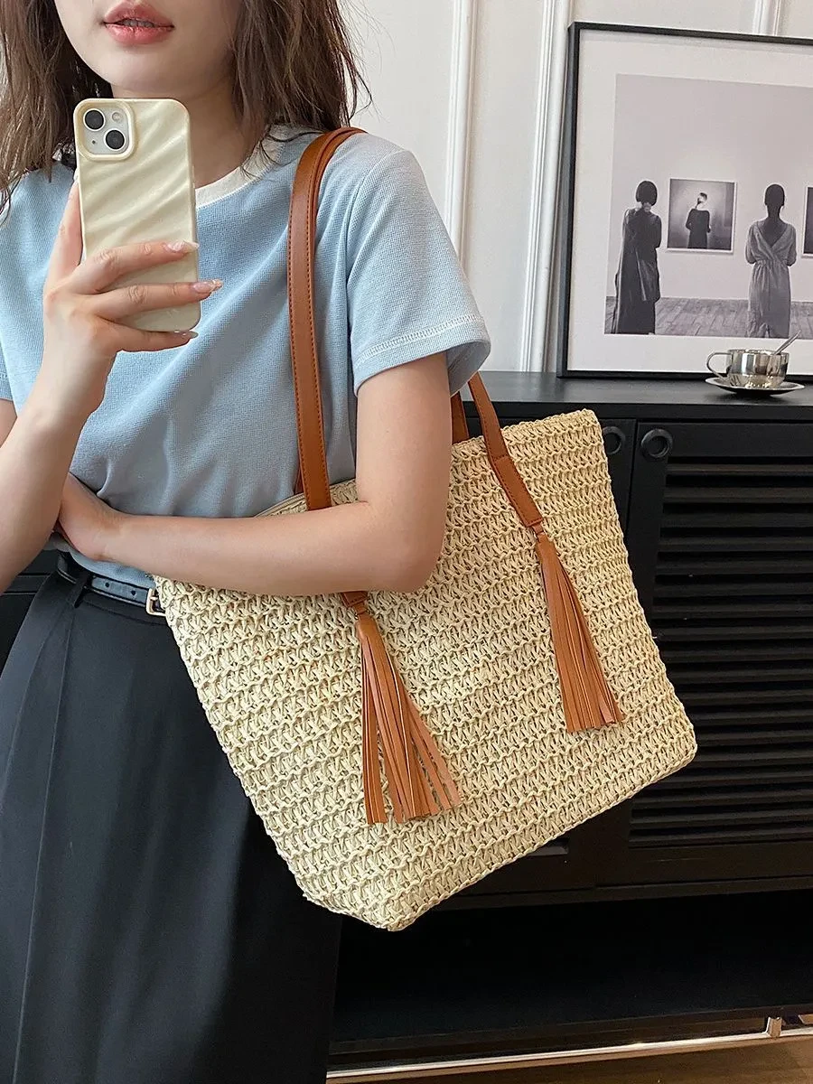 Bolso de hombro de algodón y lino de gran capacidad, hecho a mano