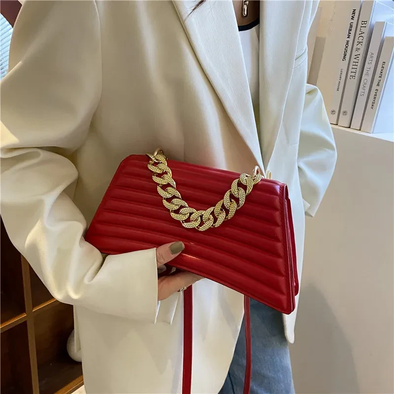 Bolso de hombro portátil con cadena a cuadros y sangría, bolso de novia rojo para mujer