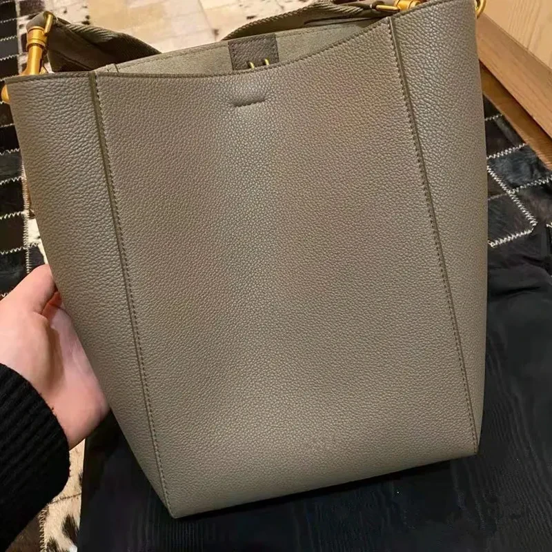 Bolso tipo cubo de piel de vaca con correa ancha para el hombro, combinable con todo, para mujer