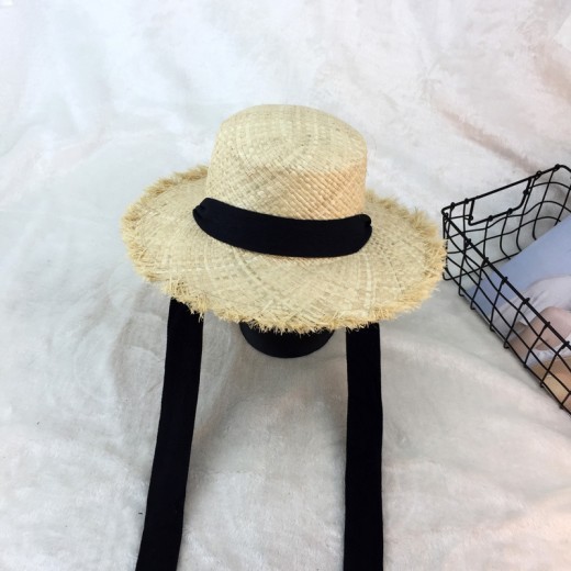 Sombrero de paja de rafia de borde ancho con cintas de algodón con rebabas y parasol, ideal para vacaciones en la playa o en la playa.