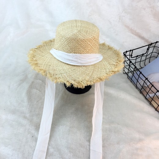 Sombrero de paja de rafia de borde ancho con cintas de algodón con rebabas y parasol, ideal para vacaciones en la playa o en la playa.