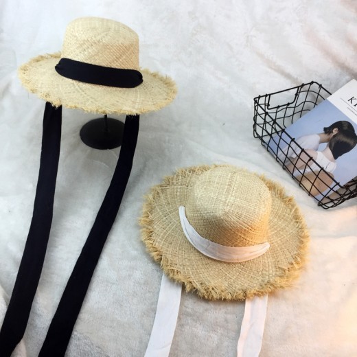 Sombrero de paja de rafia de borde ancho con cintas de algodón con rebabas y parasol, ideal para vacaciones en la playa o en la playa.