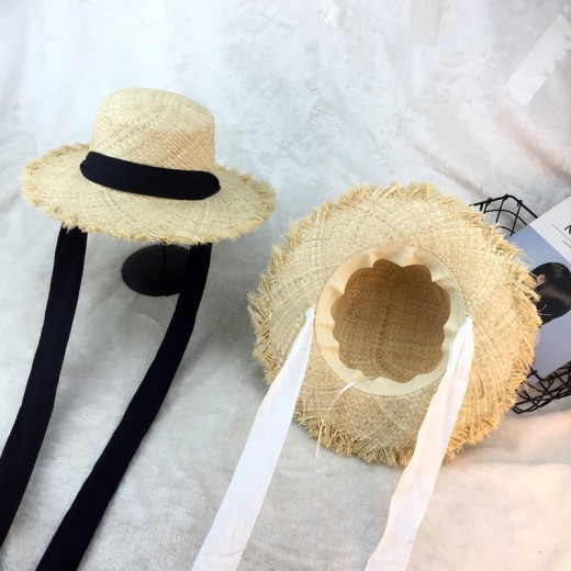 Sombrero de paja de rafia de borde ancho con cintas de algodón con rebabas y parasol, ideal para vacaciones en la playa o en la playa.