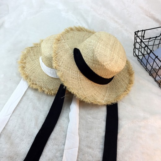 Sombrero de paja de rafia de borde ancho con cintas de algodón con rebabas y parasol, ideal para vacaciones en la playa o en la playa.