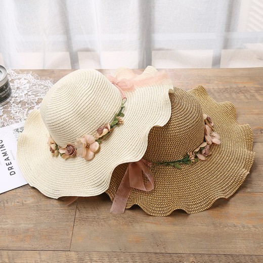 Sombrero de mujer con diseño de olas grandes y flores, sombrero para el sol, para playa y exteriores, sombrero de paja con protección solar.