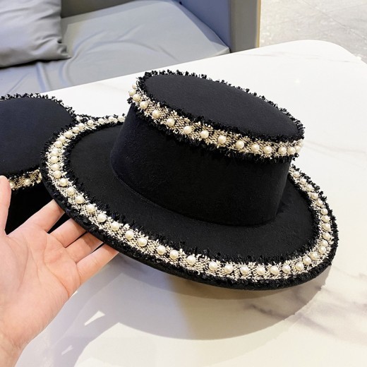 Sombrero de lana para mujer, sombrero de copa plano con perla, sombrero de pescador