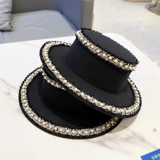 Sombrero de lana para mujer, sombrero de copa plano con perla, sombrero de pescador